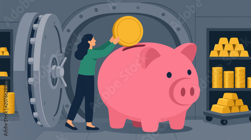 A woman deposits a giant coin into an enormous piggy bank inside a secure vault in this clean flat vector illustration on a light background, ideal for savings and financial planning concepts