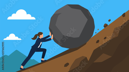 A determined businesswoman bracing herself to stop a giant boulder rolling down a steep hill directly toward her, a clean flat vector illustration representing resilience and facing business obstacles