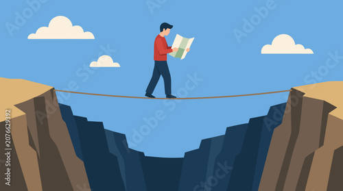 A figure cautiously walking a high tightrope suspended above a deep pit while simultaneously reading a folded map, a clever flat vector metaphor for multitasking, risk management, and navigating compl