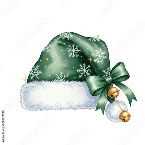 Green festive santa hat with snowflakes and bell isolated on transparent background