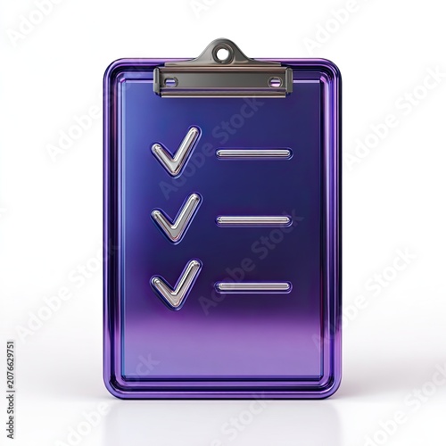 Shiny Purple Clipboard with Three Checkmarks and Lines.