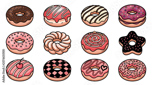 Fotografie Assorted glazed donuts with colorful frosting and sprinkles