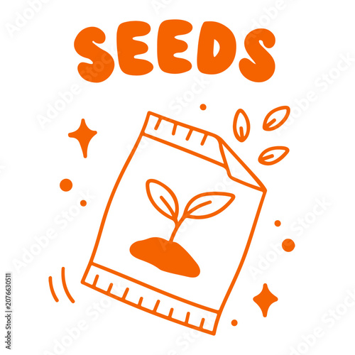 Minimalist orange line drawing of a seed packet with scattered seeds and the word seeds. Doodle