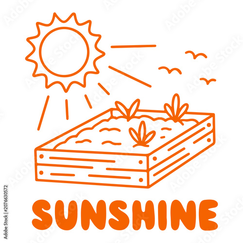 Minimalist orange line drawing of a sunny garden bed scene with the word sunshine. Doodle