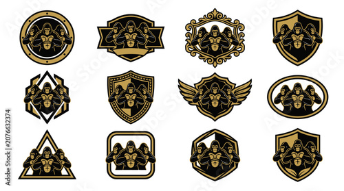 Photography Golden gorilla mascot emblems and shield badge collection.