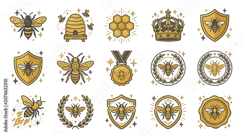 Εκτύπωση καμβά Gold honeybee icons with honeycomb and heraldic shield elements.