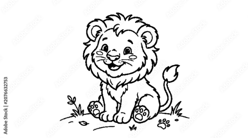Obraz premium Cute baby lion sitting and smiling, black outline illustration.