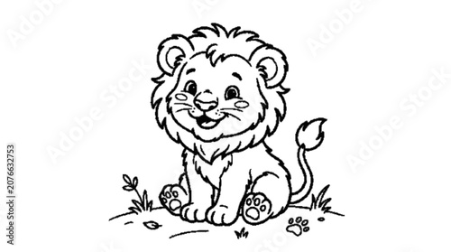 Sticker Cute baby lion sitting and smiling, black outline illustration.