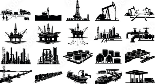 Foto Industrial oil and gas extraction silhouette vector collection with rigs refiner