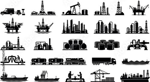 Foto Industrial petroleum oil and gas extraction silhouette vector set with refinery