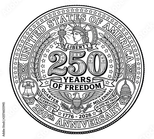 250 years of freedom commemorative coin with eagle liberty bell capitol statue of liberty anniversary vector illustration