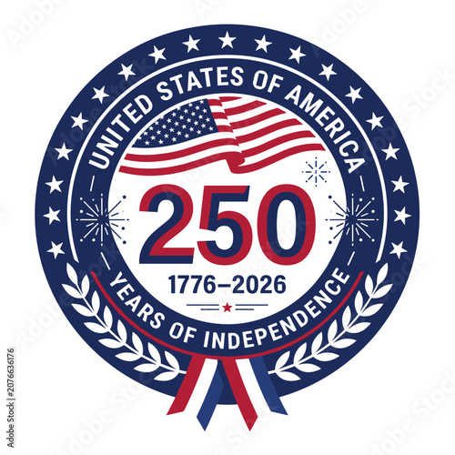 United states 250 years of independence vector illustration circular emblem seal with waving american flag