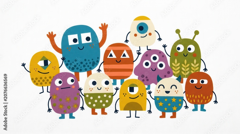 Naklejka premium Ten happy, cartoon monsters with diverse shapes and patterns wave and smile together