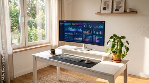 Modern office setup with a wide monitor displaying analytics and charts, next to a window and a plant