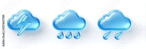 Set of three blue glossy weather icons representing different types of precipitation.