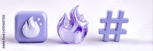 Three dimensional purple icons representing fire and hashtag on a white background.