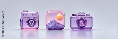 Three stylized purple cameras, one containing a miniature landscape with mountains and a sun.