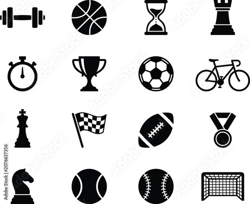 Sports and games icon set with athletic equipment recreation symbols and chess pieces vector illustrations