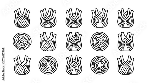 Fennel Vegetable Collection Line Art Icons Isolated White Background
