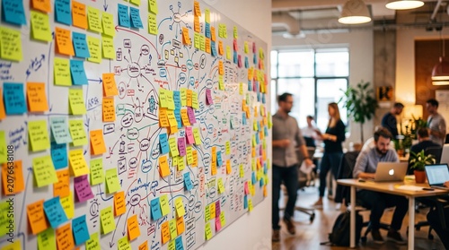 Brainstorming session with colorful sticky notes on whiteboard in busy open plan office