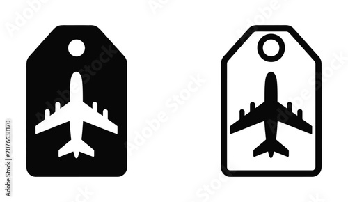 Canvastavla Airplane luggage tag icon set, black and white vector featuring travel baggage labels, airline identification tags, airport check-in symbols, tourism transportation design