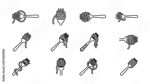 Spaghetti Fork Icons Set Simple Line Art Food Vector