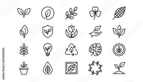 Cuadro en lienzo Set of simple line icons featuring leaves plants nature ecology and environmenta