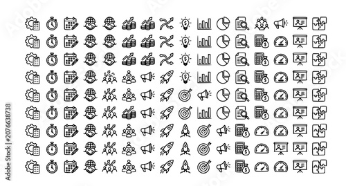 Business project icon collection with management planning and productivity outline symbols vector illustration