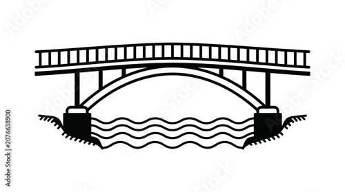 Simple Beam Bridge Icon with Wavy Water Below, Isolated White Background