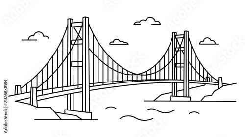 Detailed Suspension Bridge Line Art Illustration Over Water with Mountains and Clouds, Isolated White Background