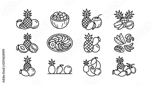Tropical Fruit Icons Set Pineapple Coconut Mango Exotic Food Illustration