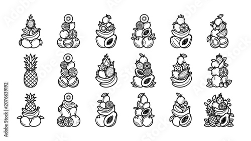 Hand Drawn Fruit Stacks Collection Tropical Exotic Healthy Food Icons