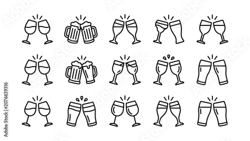 Celebration Toast Icons Set Cheers Drinks Glasses and Beer Mugs Line Art