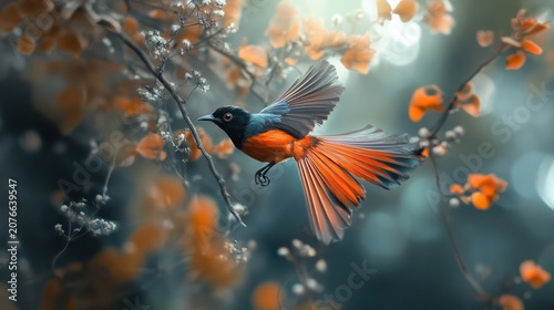 Colorful Bird in Flight Among Blossoms