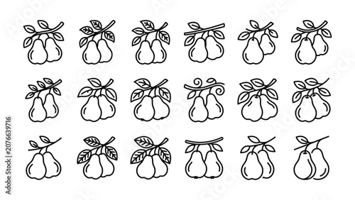 Pear Icons Set Fresh Fruit Branch Vector Graphics