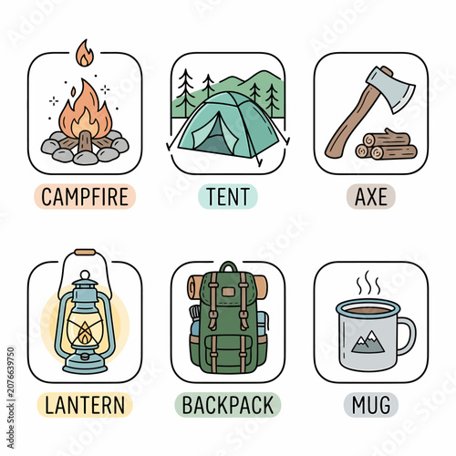 Camping icon collection featuring campfire, tent, axe, lantern, backpack, and mug in a hand-drawn style. Perfect for outdoor adventure, travel, and hiking projects.