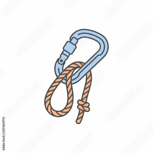 Climbing rope with carabiner vector illustration isolated on white background, mountaineering and outdoor adventure equipment.