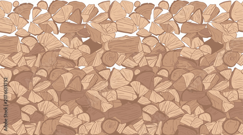 Seamless firewood log pattern vector background with stacked wooden logs in natural brown colors.