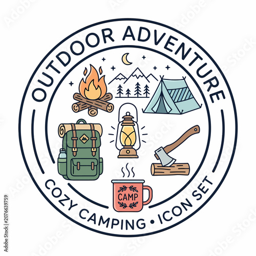 Outdoor adventure camping badge with backpack, lantern, tent, campfire, axe and mug vector icon set isolated on white background.