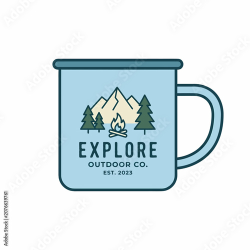 Enamel camping mug with mountain, forest and campfire graphic vector illustration isolated on white background.