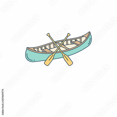Wooden canoe with crossed paddles vector illustration isolated on white background, outdoor adventure and camping transportation icon.