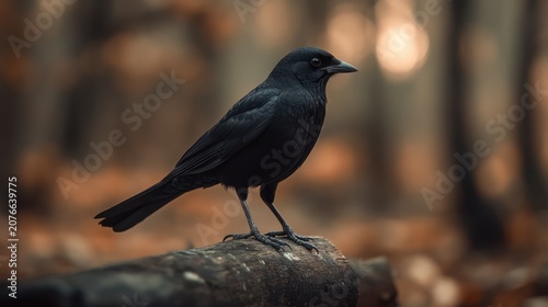 Black crow perched on log in autumn forest. Possible use nature, wildlife, autumn, birdwatching