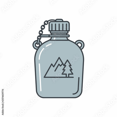Outdoor adventure water bottle vector illustration with mountain and pine tree design, reusable camping flask isolated on white background.
