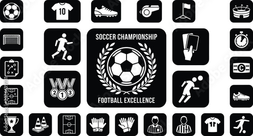 Soccer championship icon set with football tournament symbols match equipment and referee signs vector illustrations