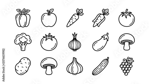 Healthy Food Icons Fresh Vegetables Fruits Line Art Collection