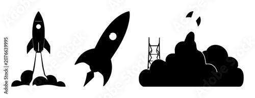 Rocket launch icon set with solid black icon on white background featuring rocket, startup, vector design with technology and innovation