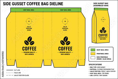 Obraz na plátně Side gusset coffee bag packaging dieline template Vector