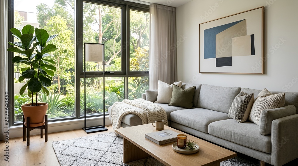 Fototapeta premium Modern living room with sectional sofa, large window, plants, and coffee table