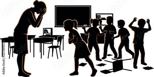 Schilderij op canvas Stressed female teacher crying in chaotic classroom with misbehaving kids fighti