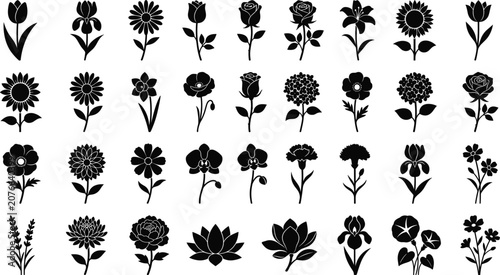 Large set of flower silhouette vector icons showing rose tulip sunflower daisy and lotus botanical elements